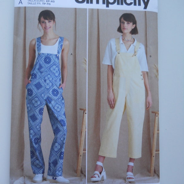 2022 Easy Loose-Fitting Overalls Simplicity S9590 A (XS-XL) New Sewing Pattern for Jumper with Buckle Straps; Side Buttons; Pockets; Capri