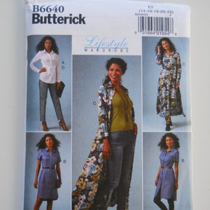 May include: A sewing pattern for a lifestyle wardrobe with four different looks. The pattern includes a long-sleeved shirt, a long dress, a short dress, and a long cardigan. The pattern is for sizes 14-16-18-20-22. The pattern is from Butterick and has the number B6640.