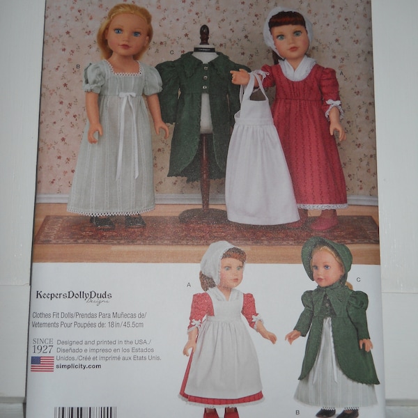 Historic Regency Wardrobe 18" Dolls Simplicity 8714 Sewing Pattern for A Coat, Bonnet, Dress in 2 Styles, and Apron For Early American Doll