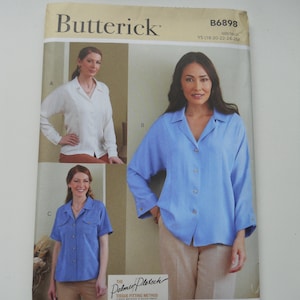 May include: A sewing pattern for a women's shirt with three different views. The pattern is from Butterick and is size Y5 (18-20-22-24-26). The pattern is called "The Palmer Pletsch Tissue Fitting Method".