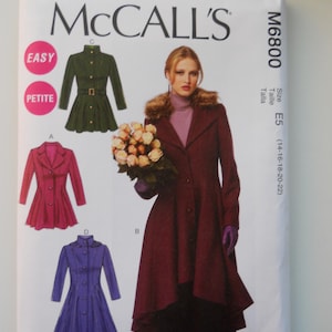 Princess Seam, High-Low Coat, Hood Petite McCall&#39;s M6800 A5 (6-8-10-12-14) OR E5 (14-16-18-20-22) New Sewing Pattern, Fit and Flare, Button