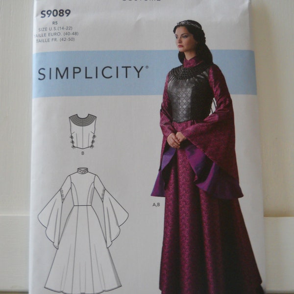 2020 Renaissance Fantasy Cosplay Simplicity S9089 H5 (6-14) OR R5 (14 -22) Sewing Pattern for Dress with High Neck Corset, Full Sleeves