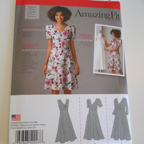 Amazing Fit Empire Waist Dress Simplicity 2247 AA (10-18) or Plus BB (20W-28W) New Sewing Pattern V Neck Dress Princess Seams, B, C D Cup