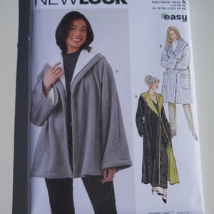 May include: New Look sewing pattern N6811 for a hooded coat or robe. The envelope features a gray hooded coat with white lining, a long black coat with a lime green lining, and a light gray robe. Includes size range XS-XL and rack/bin labels.