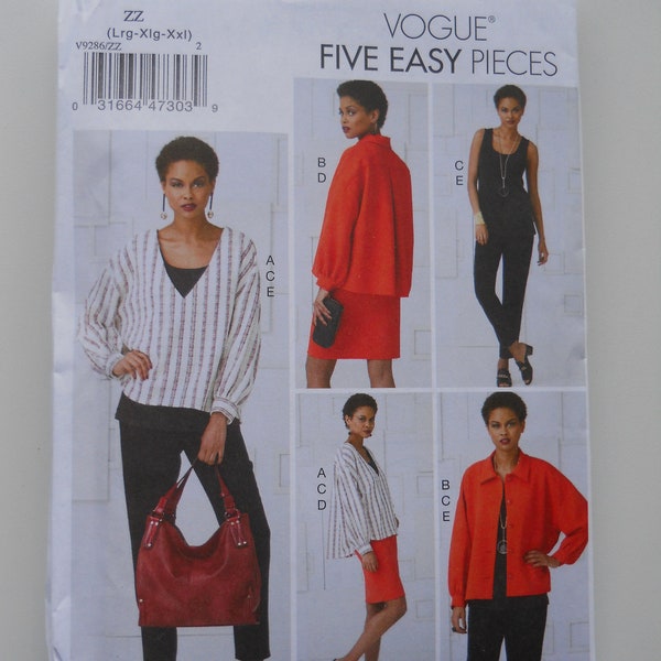 Easy 5 Piece Wardrobe Vogue V9286 Y (XS-Med) or ZZ (Lrg-XXL) New Sewing Pattern for Very Loose Fitting Jacket, Top, Fitted Skirt and Pant