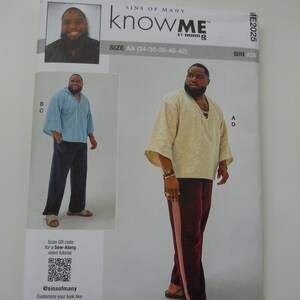 May include: Sewing pattern for a loose-fitting top and pants. The pattern is called "knowme" by mimig. The pattern is for sizes AA (34-36-38-40-42). The pattern is for a man's top and pants. The top is a light beige color and the pants are a dark burgundy color with a pink stripe down the side. The pattern includes a QR code for a sew-along video tutorial.