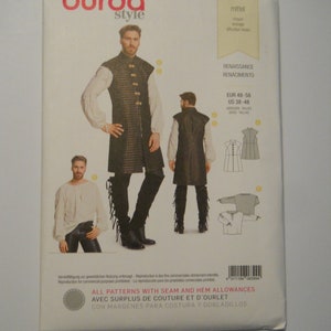 May include: A sewing pattern for a Renaissance-style men's outfit. The pattern includes a long coat, a shirt, and pants. The pattern is for sizes EUR 48-58 and US 38-48. The pattern includes seam and hem allowances.