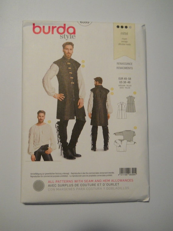 Renaissance Tunic Doublet Burda Style 6399 (US 38-48) Sewing Pattern for Men's Ren Fest Medieval Costume Loose Shirt, Fitted Long Vest