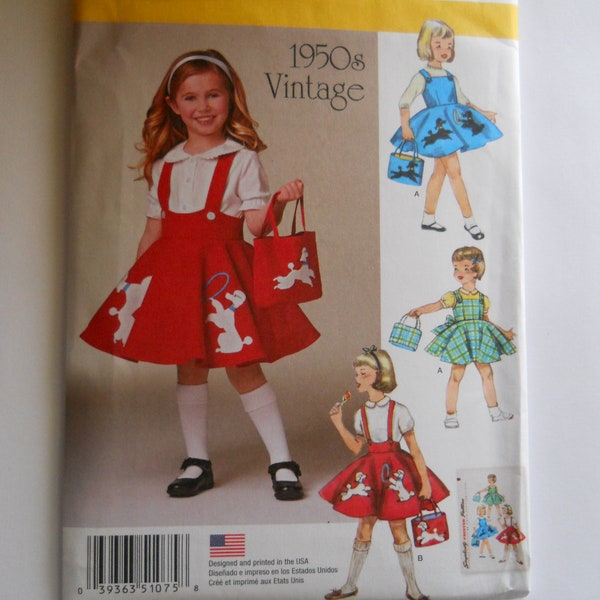 Re-Print of 1950's Girl's Jumper Simplicity 1075 A (Child 3-8) Sewing Pattern for Poodle Applique Twirly Full Skirt with Suspenders