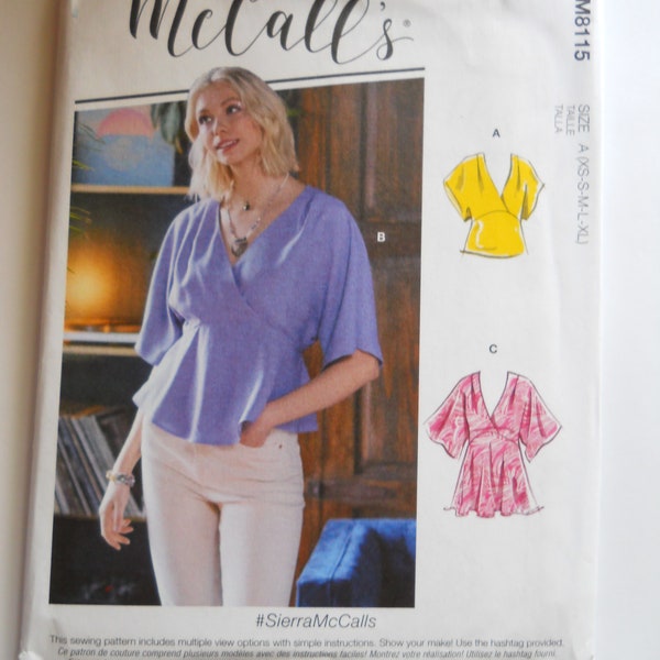 Easy Curved Empire Waist Blouse McCall's M8115 A (XS-XL) Sewing Pattern for V Neck Top with Drop Flutter Sleeve, Room for Tummy, Tunic Top