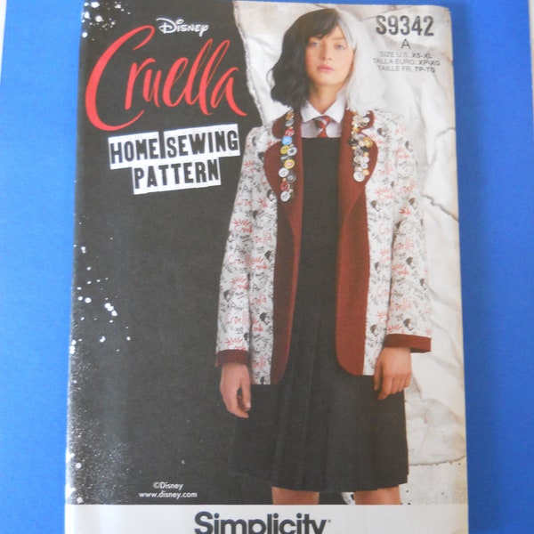 Disney Movie Cruella Jacket Simplicity S9342 A (Xsm-Sml-Med-Lrg-Xlg) 2021 Sewing Pattern for Teen Cruella Jacket with Contrasting Lapels