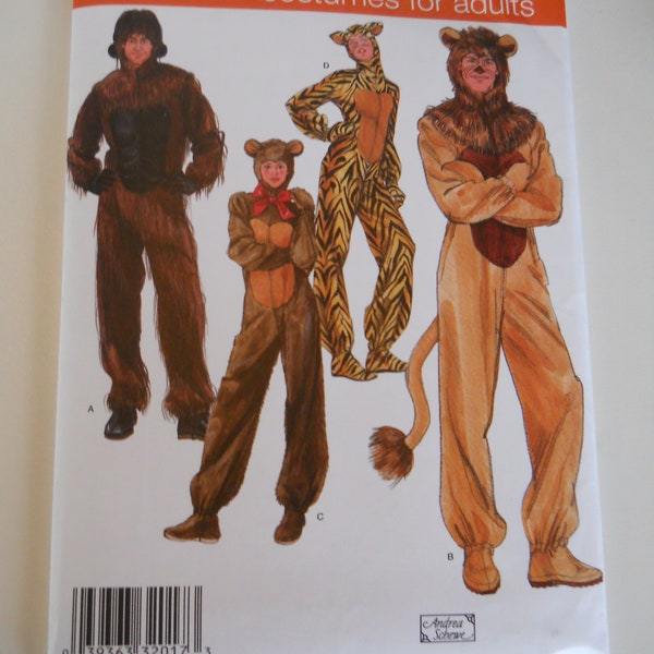 Furry Adult Animal Costumes Simplicity 2853 A (XS-XL) New Sewing Pattern Loose Fitting Bodysuit: Gorilla, Bear, Tiger, Lion, Leopard, Chimp