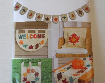 2021 Fall Decor Simplicity S9366 Sewing Pattern for Autumn Pennant, Banner, Pillow Cover, Table Runner: Appliqued Leaves Decorate Porch