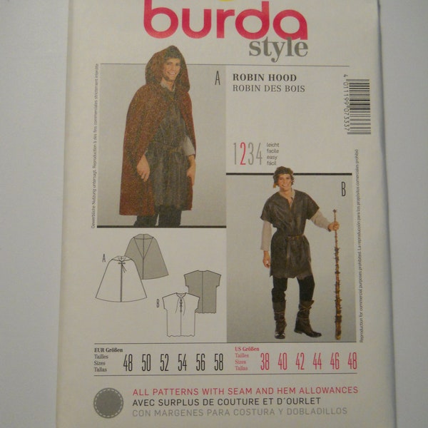 Easy Robin Hood Costume Burda Style 7333 (US 38 to 48) Short Hooded Men's Cape, Long Laced Tunic Renaissance Festival, Serf