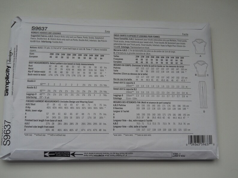 May include: A sewing pattern for women's hoodies and leggings. The pattern includes instructions for making a hooded sweatshirt, a short-sleeved hooded top, and leggings. The pattern is printed on white paper with black text and illustrations. The pattern number is S9637.