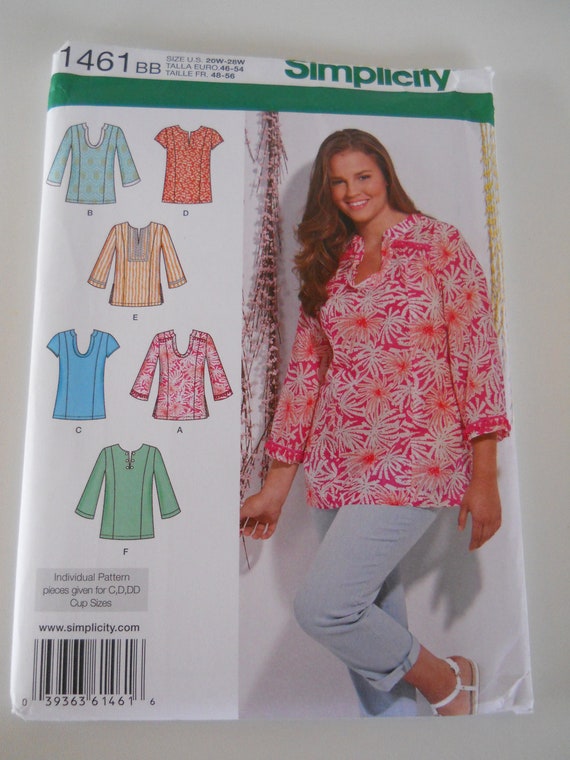Tunic With B, C, D Cup Sizes Simplicity 1461 BB 20W-28W Sewing Pattern for  Modest Bohemian Peasant Blouse With Side Vents Trim Accents 