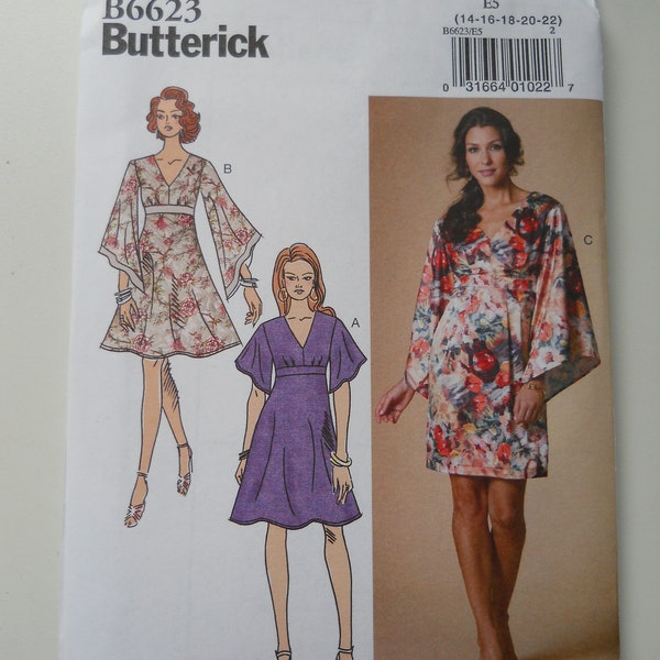 Empire Waist Bell Sleeve Dress Butterick B6623 A5 (6-14) New Sewing Pattern for Retro Vibe Dress; V Neckline; High Low Sleeves, Out of Print