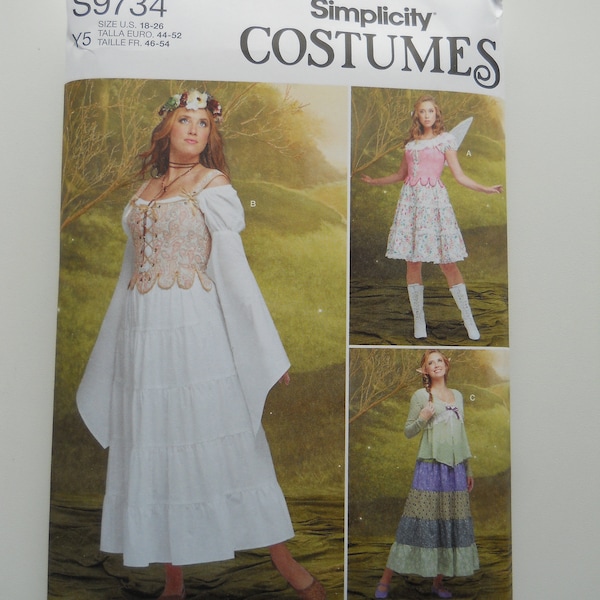 Andrea Schewe Layered Fairycore Costume Simplicity S9734 K5 (8-16) or Y5 (18-26) New Sewing Pattern, Fae Cosplay, Laced Corset, Peasant Top