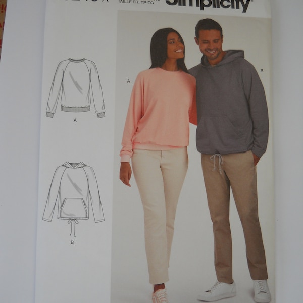 Unisex Hoodie Sweatshirt Simplicity S9240 A (XS-XL) Sewing Pattern His and Hers and Theirs Teen Adult Athletic Wear Athleisure Long Sleeve