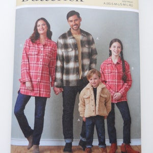 May include: A sewing pattern for a plaid shirt, with a red and white plaid shirt, a brown and white plaid shirt, and a red and black plaid shirt. The pattern is for sizes XS-S-M-L/S-M-L-XL. The pattern is from Butterick and is designed and printed in the USA.