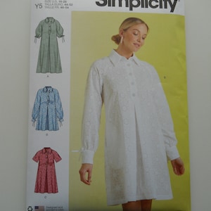 2023 Dress Half Button Placket Simplicity S9744 K5 (8-16) or Y5 (18-26) New Sewing Pattern, Inverted Box Pleat, Raglan, Collar, Plus Tunic