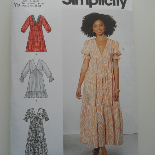 Loose Fitting Empire Waist Dress Simplicity S9702 K5 (8-16) or Y5 (18-26)  New Sewing Pattern, V Neck Peasant Dress, Tiers, Gathered Sleeve - Etsy
