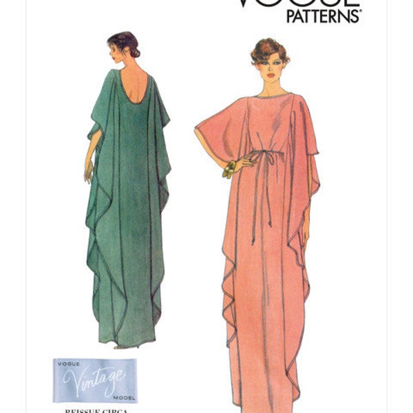 Very Easy Evening Length Caftan Re-Print 1979 Vogue V1886 A (XS-XXL) New Sewing Pattern, Vintage 1970's, Deep Scoop Back, Very Loose Fitting