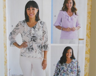 Feminine Ruffled Top Butterick B6814 B5 (8-16) or Plus RR (18W-24W) Pretty Spring Blouse Loose Fitting or Elastic Waist, Sleeve Variations