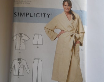 Boyfriend Pajamas & Bathrobe Simplicity S9217 A (S-XXL) Sewing Pattern for Misses Woman's Button Front Top Elastic Waist Pant Short Robe