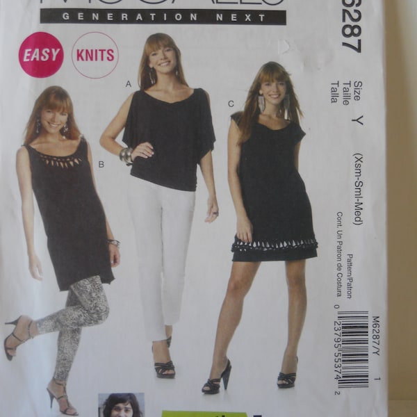 Very Easy Knit Tunic, Dress, and Top McCall's M6287 Y (XS-M) Uncut Sewing Pattern, Sleeveless, Draped Sleeves, Lower Band Hem, Pullover