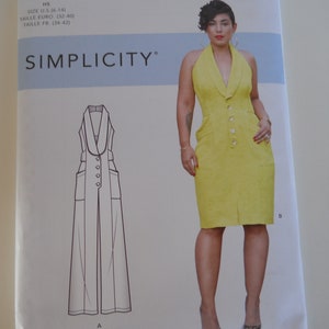 May include: A sewing pattern for a sleeveless jumpsuit with a V-neck and a button closure. The pattern is for sizes US 6-14, Euro 32-40, and French 34-42. The pattern is called Simplicity S9097 and is designed by Mimi G Style.