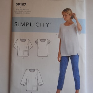 Easy Loose Fitting Simplicity S9107 A (XS-XXL) Sewing Pattern for Blouse with Gathered Back Yoke, Front Pocket, Sleeve Variations