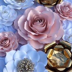 9pc Blush, Gold and White Paper Flowers, Paper Roses, Paper Flower , Flores de Papel