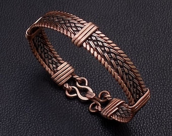 Wide cuff bracelet for men ,Braided twisted and wire wrapped pure copper wristband,special unique birthday gift for boyfriend dad or husband