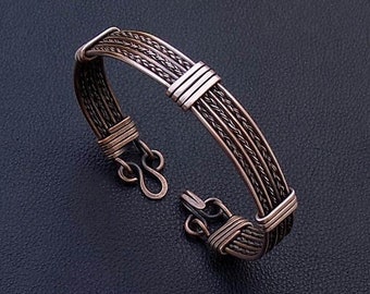 Bracelet manchette tressé en cuivre pur, fil enveloppé d'un large bracelet homme tressé à l'aspect vieilli, cadeau d'anniversaire unique pour lui