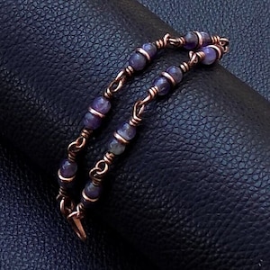 Beaded bracelet , Wire wrapped copper chain links with 5-6 mm purple amethyst gemstones bracelet , 7th wedding gift,anniversary gift for him