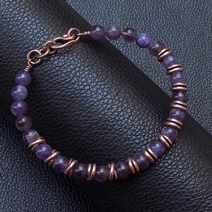 Beaded cuff bracelet with 6 mm purple violet Amethyst gemstones and copper ornaments