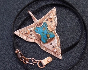 Pendant necklace with unique Turquoise gemstone riveted textured copper sheets and 5mm leather cord with riveted copper clasp