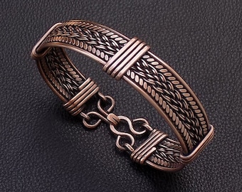 Cuff bracelet for men , Braided twisted and wire wrapped pure copper wire wide wristband