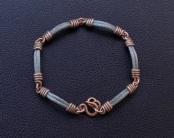 Bracelet pour hommes à maillons de chaîne en acier et en cuivre, bracelet en cuivre et métaux mélangés en câble d'acier rolo enveloppé de fil torsadé, cadeau du 7 e anniversaire pour lui