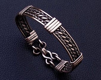 Copper cuff men bracelet , Braided wire wrapped wristband