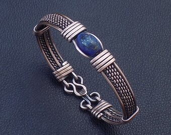 Bracelet manchette bleu lapis lazuli et cuivre pur tressé pour homme, cadeau bleu spécial unique 7 ans d'anniversaire de mariage pour mari