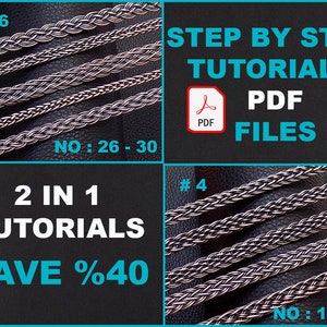 May include: Two sets of silver chain tutorials, each set includes five different chain designs. The tutorials are in PDF format and are available as a 2-in-1 bundle with a 40% discount. The image shows the chains and the text "STEP BY STEP TUTORIALS PDF FILES" and "2 IN 1 TUTORIALS SAVE %40".