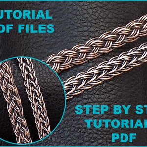 Könnte beinhalten: Zwei geflochtene Kupferdrahtketten auf einem schwarzen Lederhintergrund. Das Bild enthält den Text "TUTORIAL PDF FILES" und "STEP BY STEP TUTORIALS PDF".