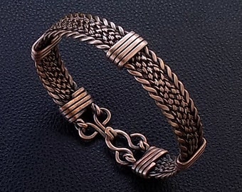 Pure copper men wide cuff bracelet, Handmade braided twisted hammered wrapped copper wire wristband, special unique birthday gift for dad