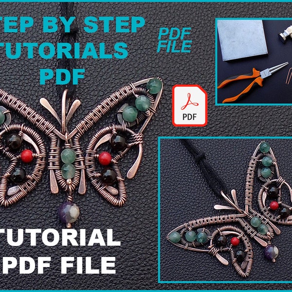 Instant Download butterfly pendant tutorial PDF lesson, wire wrap pdf tutorial pattern, beading wirework jewelry making