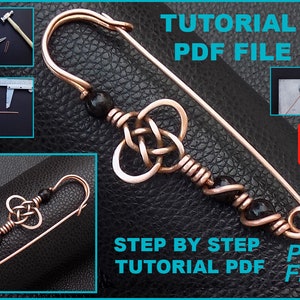 May include: A step-by-step tutorial PDF file for making a copper wire Celtic knot pin with black beads. The pin is shown in the image, along with the tools and materials needed to make it.