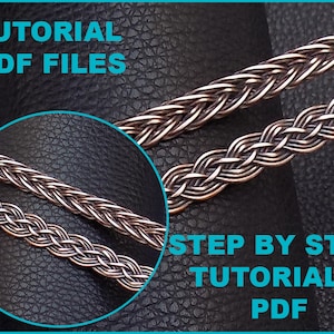 May include: Two braided copper wire bracelets on a black leather background. The image includes the text "TUTORIAL PDF FILES" and "STEP BY STEP TUTORIALS PDF".