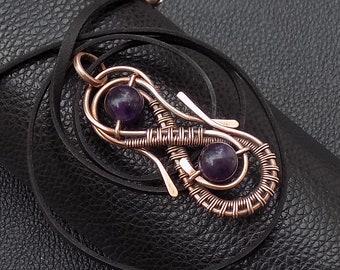 Wire wrapped pure copper and purple Amethyst gemstones infinity unisex pendant necklace with black leather cord and copper clasp