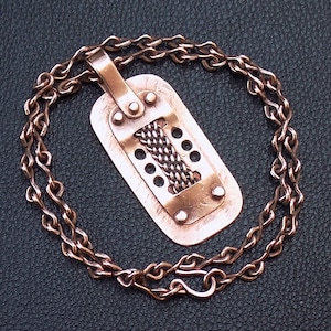 Riveted men pendant with handforged textured copper sheets and pure copper chain links , Metal chocker necklace , OOAK Unique gift for him